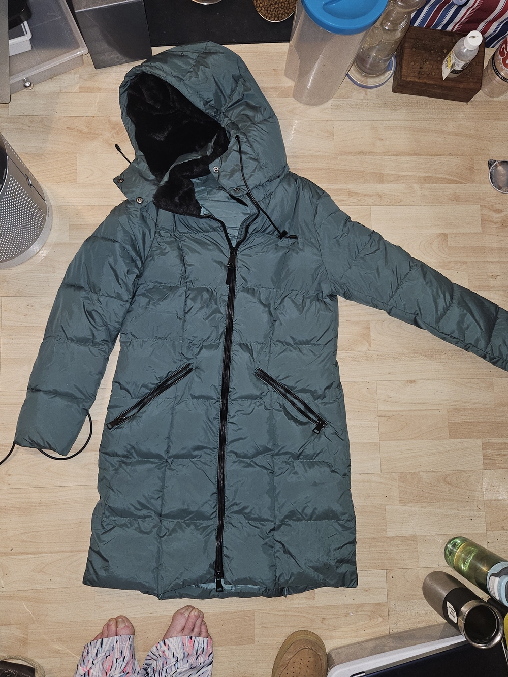 Alps Women’s Long Puffer Coat with Hood - Teal Green-small